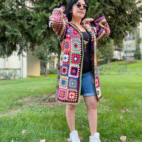 Granny Square Coat, Crochet Hoodie, Colorful Cardigan, Hippie Sweater, Knit Jacket, Oversize Cardigan, Cotton Cardigan, Bohemian Coat