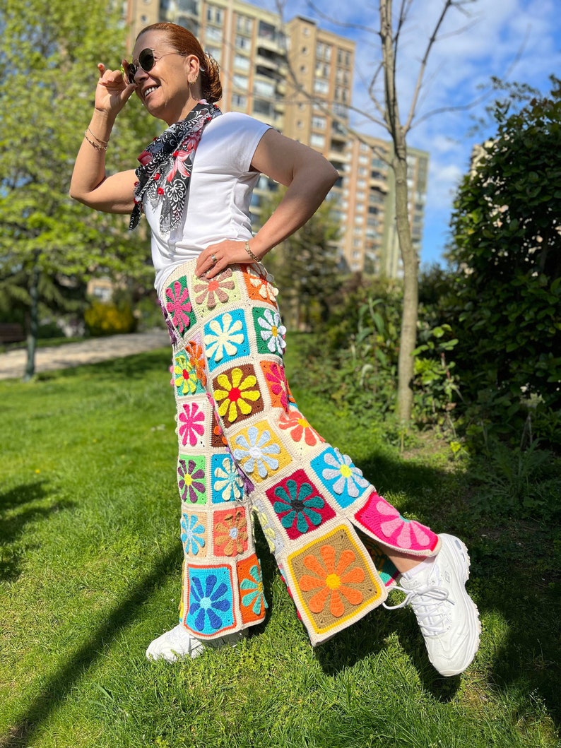 Knit Floral Pants, Wide Leg Trousers, Hippie Pants, Colorful Trousers, Crochet Pants, Beach Long Pants, Women Floral Jeans, Flare Pants image 1