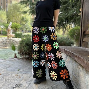 Crochet Black Floral Pants With Tie, Knit Daisy Pants, Wide Leg Trousers, Hippie Pants, Cotton Loose Pants, Colorful Pants, Flare Jean image 1