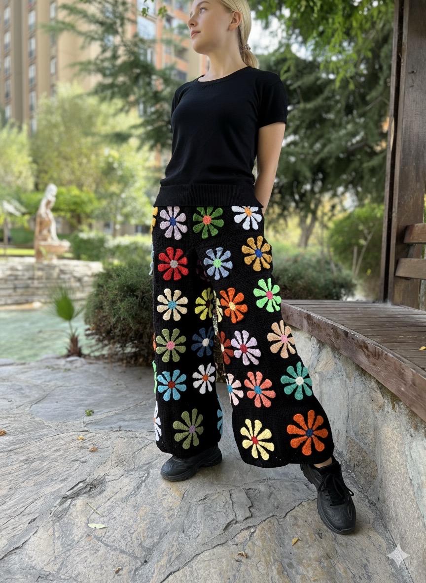 Crochet Black Floral Pants With Tie, Knit Daisy Pants, Wide Leg