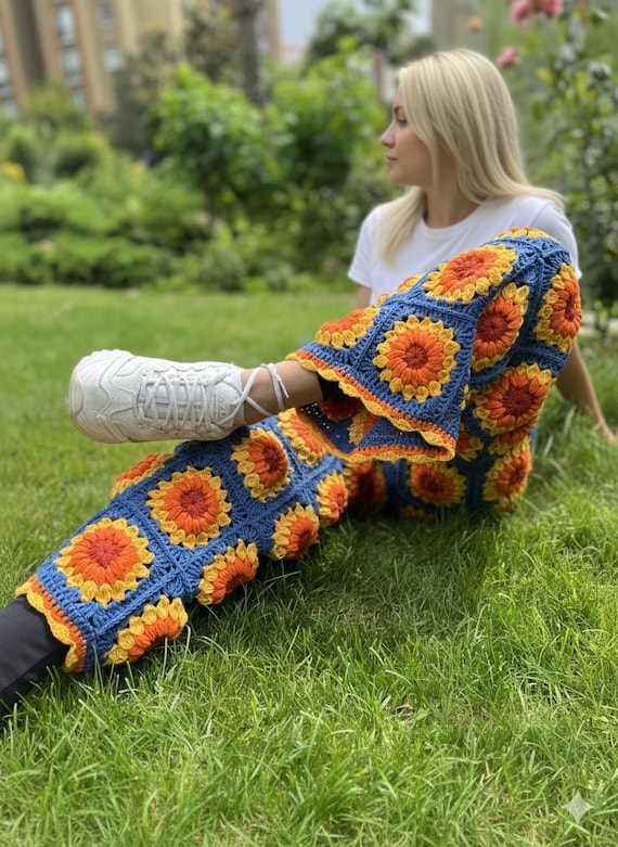 Knit Sunflower Pants, High Waisted Pants, Wide Leg Trousers