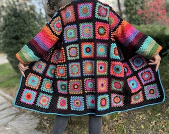 Crochet Colorful Granny Square Coat, Knit Loose Cardigan, Patchwork Cardigan, Trendy Oversize Coat, Hippie Cardigan, Sweater For Women