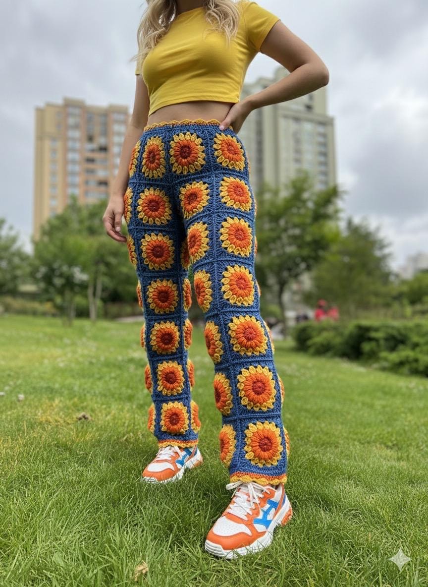 Knit Sunflower Pants, High Waisted Pants, Wide Leg Trousers