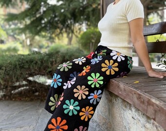 Crochet Black Floral Pants With Tie, Knit Daisy Pants, Wide Leg