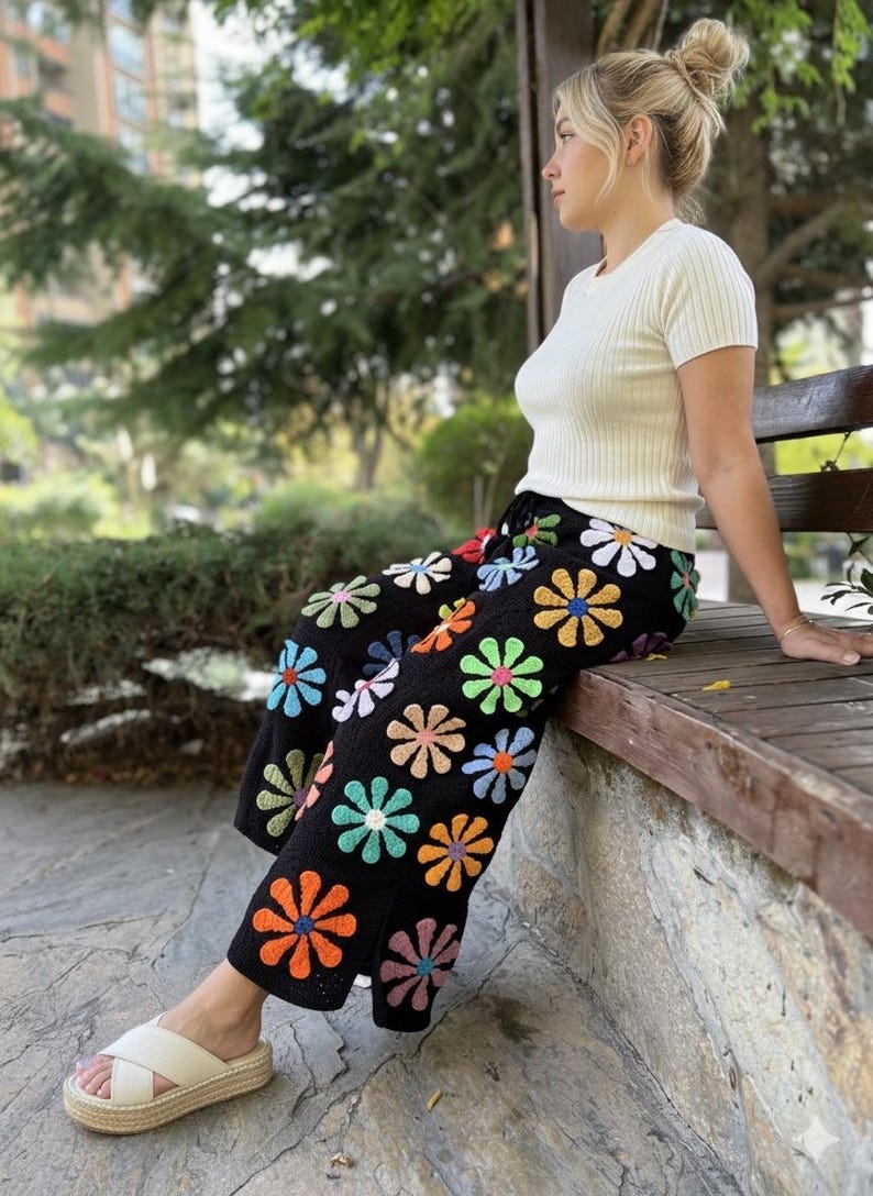 Crochet Black Floral Pants With Tie, Knit Daisy Pants, Wide Leg Trousers, Hippie Pants, Cotton Loose Pants, Colorful Pants, Flare Jean image 4