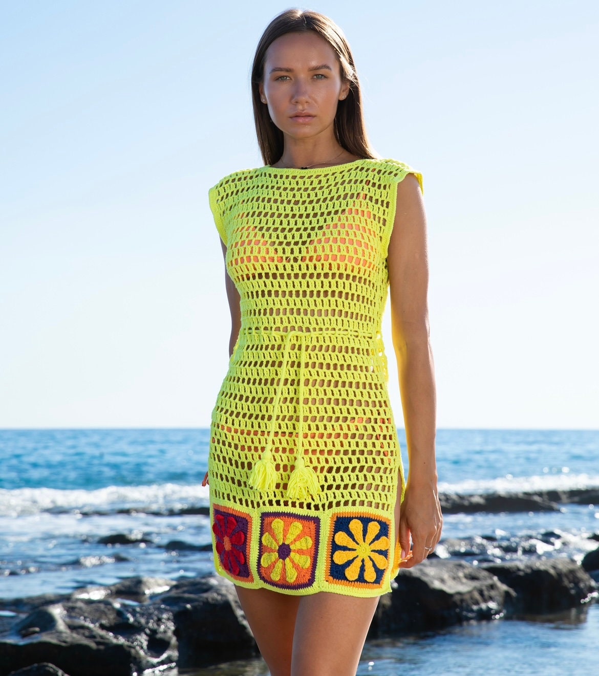 yellow crochet beach dress Bydee Nammos Crochet Mini Dress in Zesti, Size XL main image 0