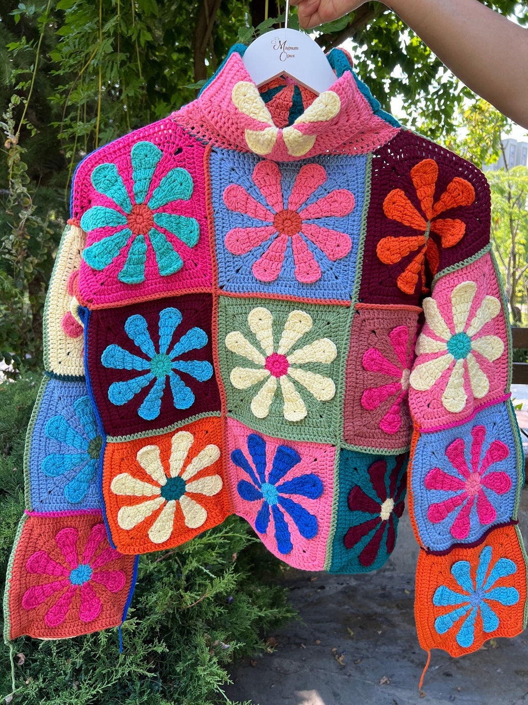 Colorful Daisy Cardigan, Floral Sweater, Crochet Jacket