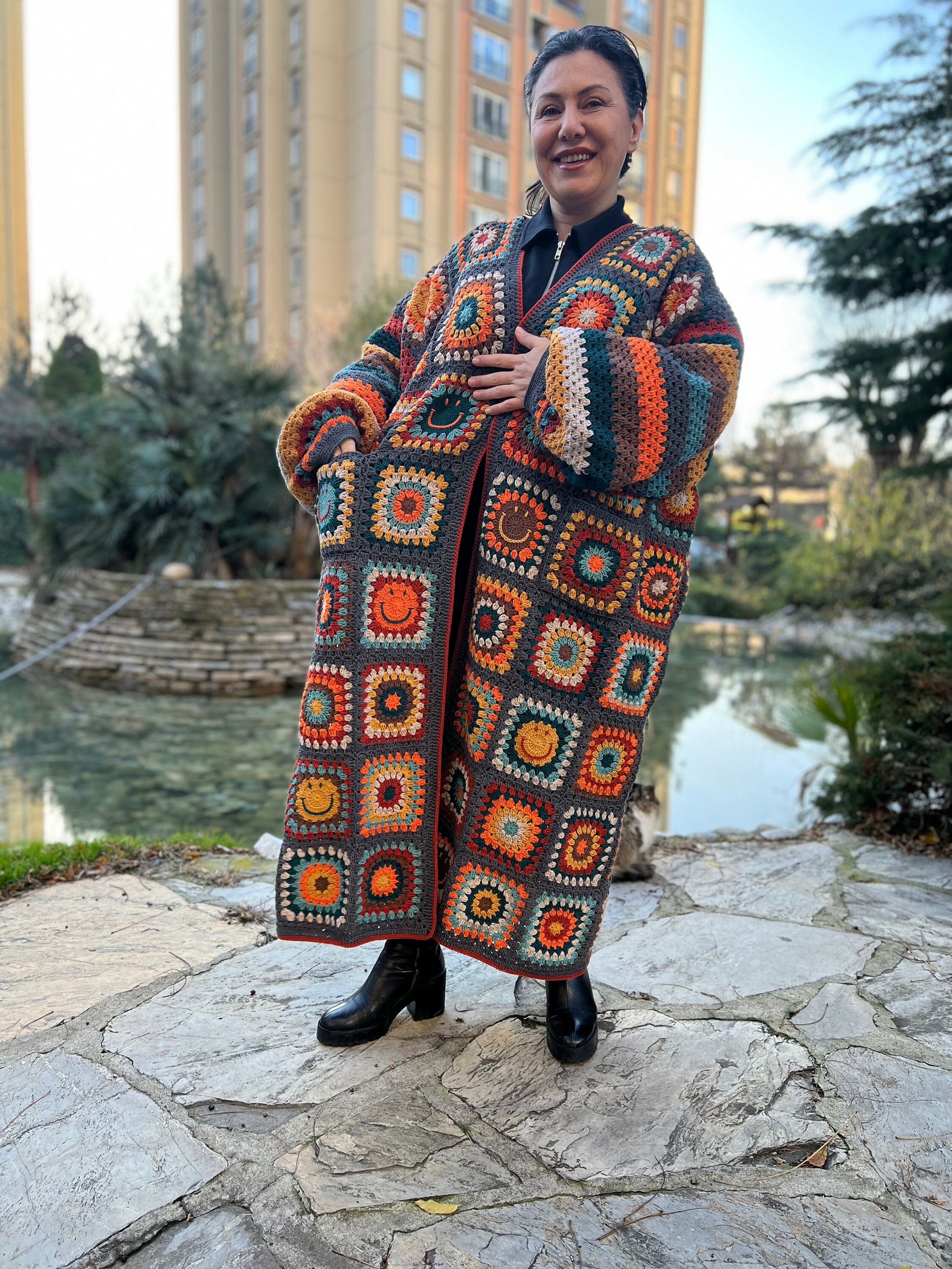 Plus Size Cardigan, Crochet Jacket, Granny Square Coat, Knit Long