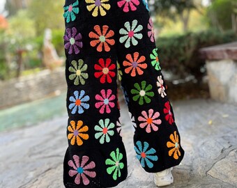 パンツ MAISON SPECIAL/Crochet Flower Knit Pants Knit Floral Pants, Wide Leg Trousers, Hippie Pants, Colorful