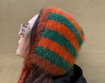 Fuzzy Knit Bonnet Hat, Orange Green Striped Hood with Ties, Soft Winter Hood