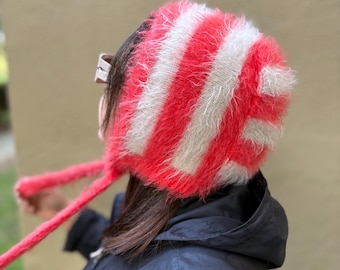 Fuzzy Knit Bonnet Hat, Red White Striped Hood with Ties, Cozy Winter Hood