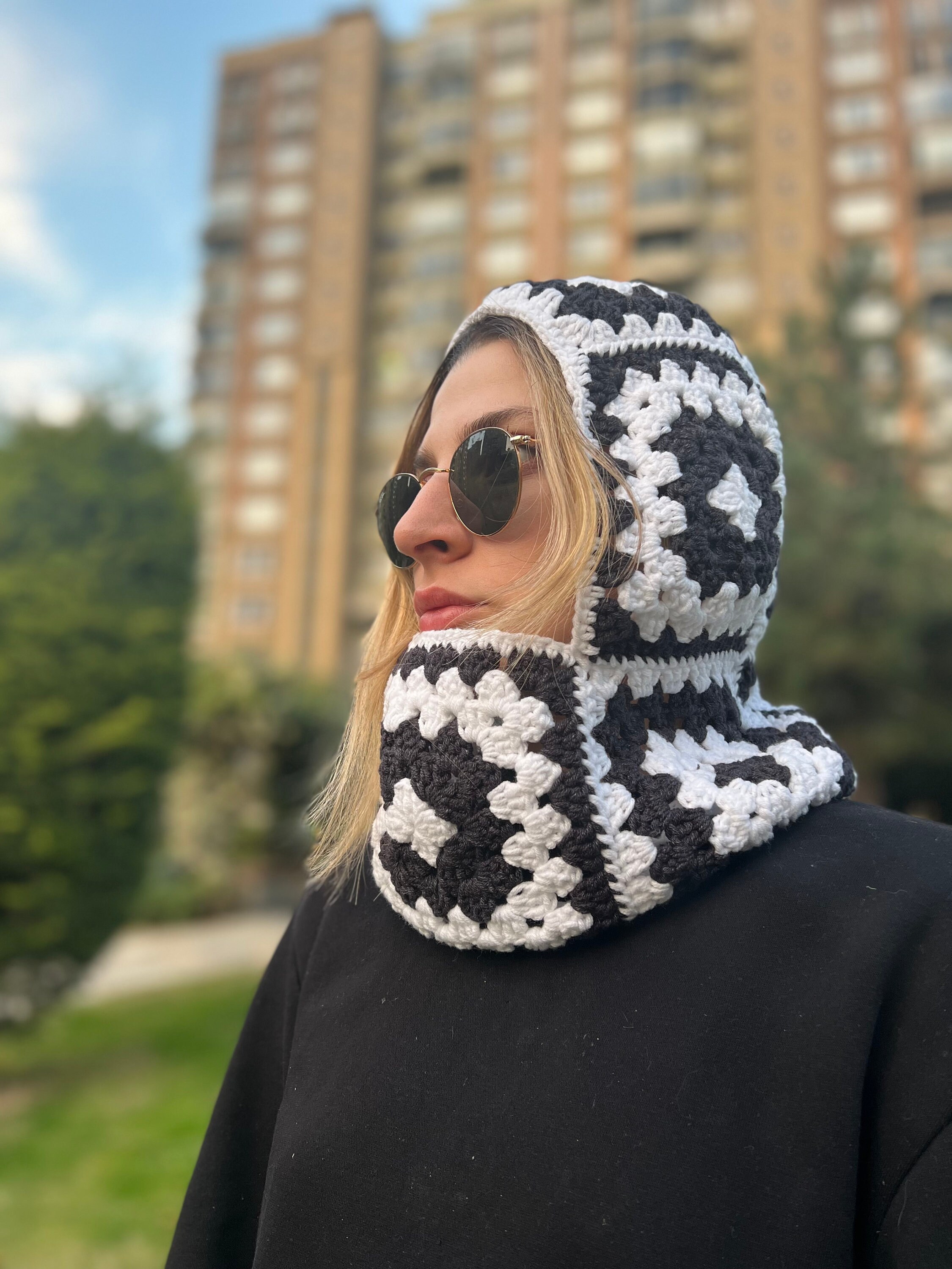 70s Inspired Vintage Crochet Knit Granny Square Black Balaclava - chic gift! Crochet granny square balaclava pattern – CrochetClubStore main image 3