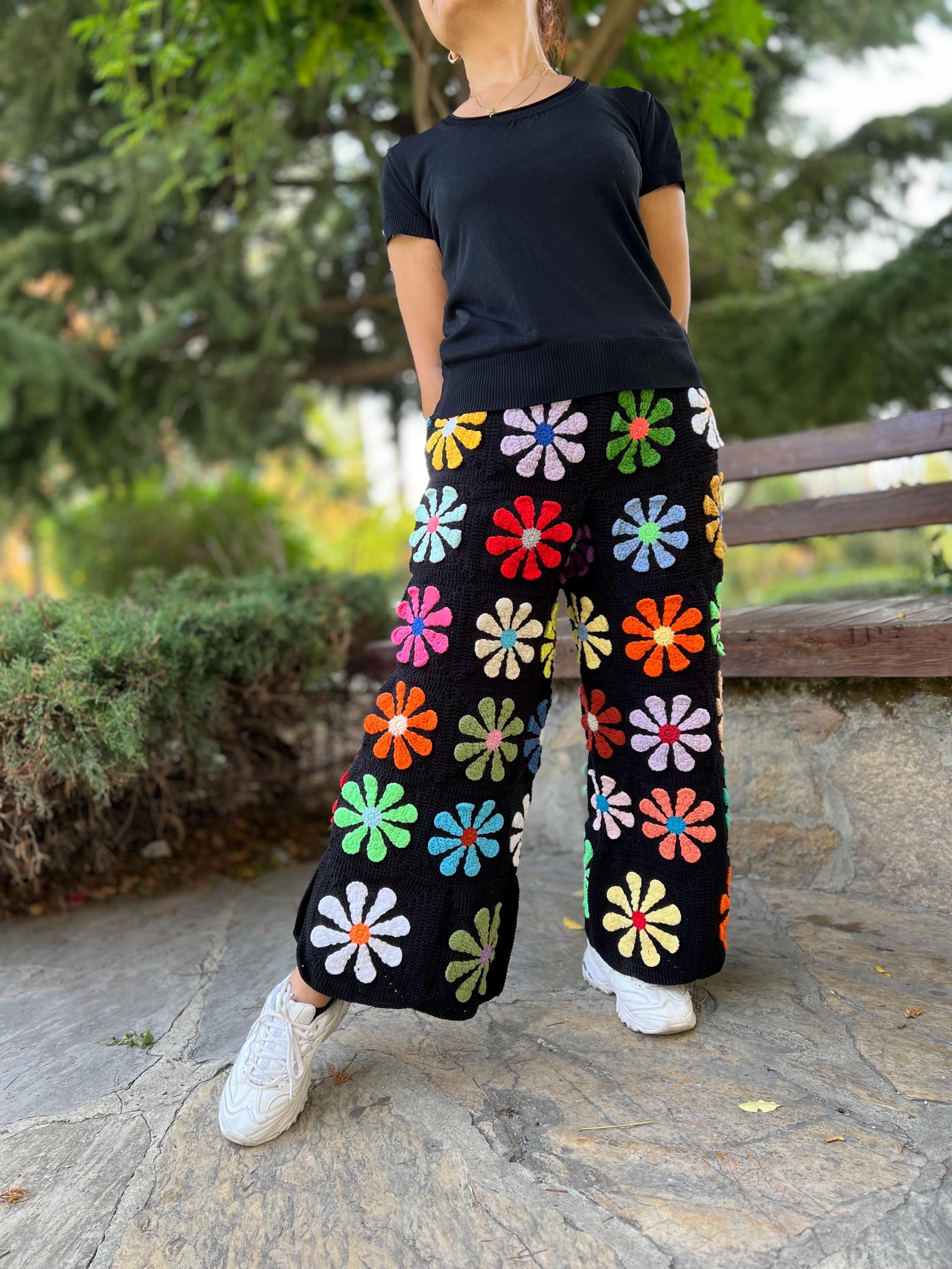 Crochet Black Floral Pants With Tie, Knit Daisy Pants, Wide Leg