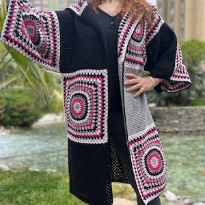 Crochet Hooded Granny Square Cardigan with Colorful Cotton Yarn, Boho Oversized Retro Jacket for Women, Fall Fashion Gift image 15