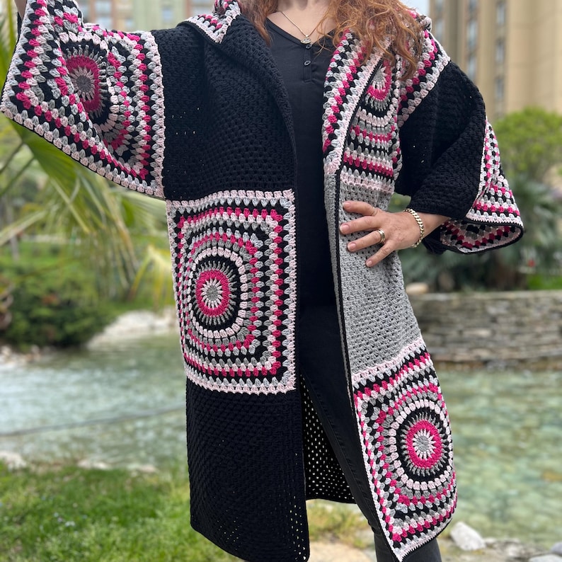 Crochet Hooded Granny Square Cardigan with Colorful Cotton Yarn, Boho Oversized Retro Jacket for Women, Fall Fashion Gift image 15