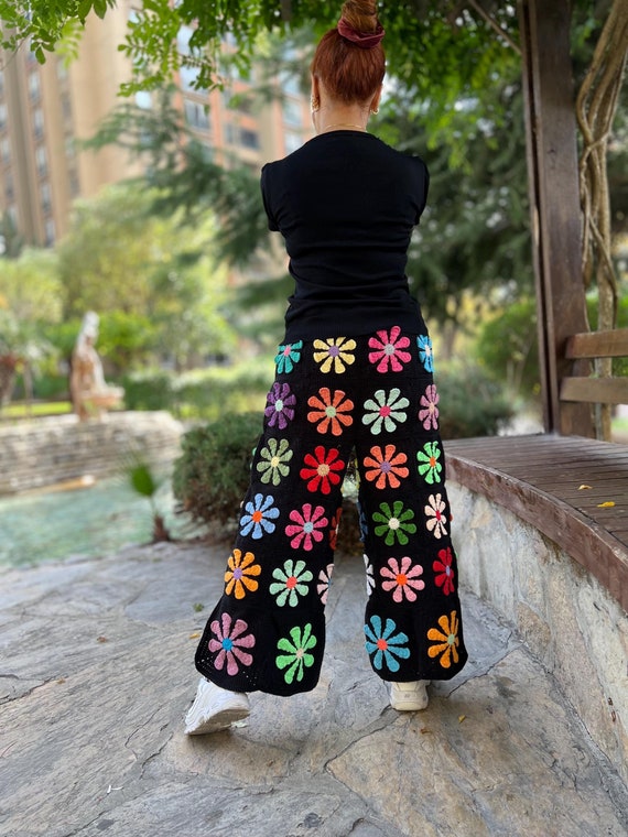 パンツ MAISON SPECIAL/Crochet Flower Knit Pants Crochet Black Floral Pants With Tie, Knit Daisy Pants, Wide