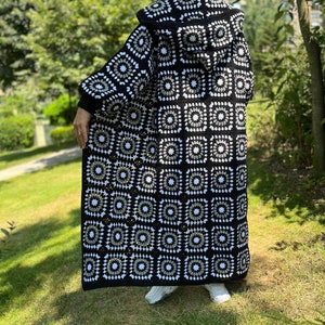 Granny Square Coat, Black White Cardigan, Crochet Jacket, Bohemian Cardigan, Knit Long Sweater, Loose Cardigan, Afghan Coat, Hooded Coat image 7