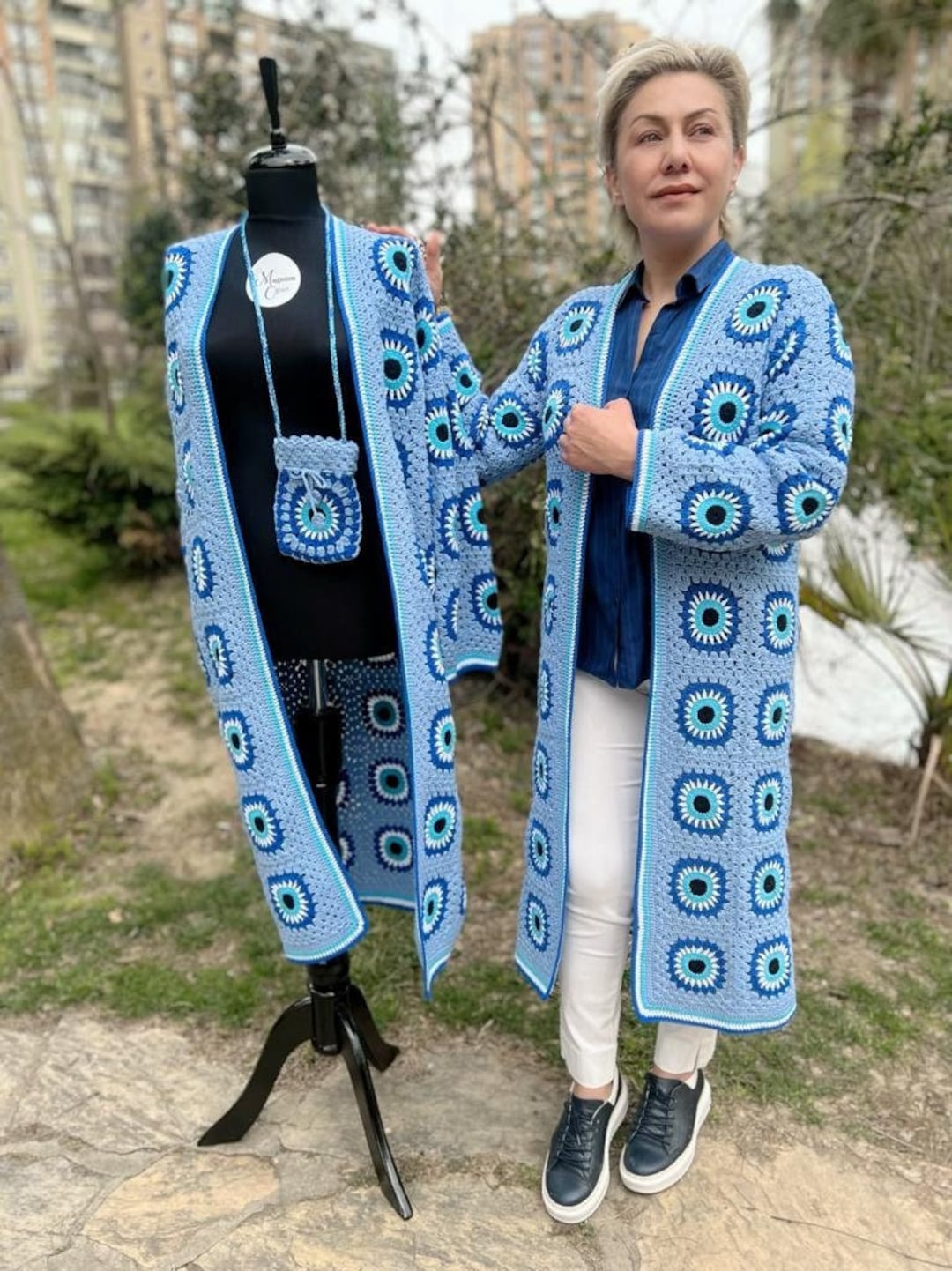 Blue Cardigan, Evil Eye Granny Square Cardigan, Afghan Coat