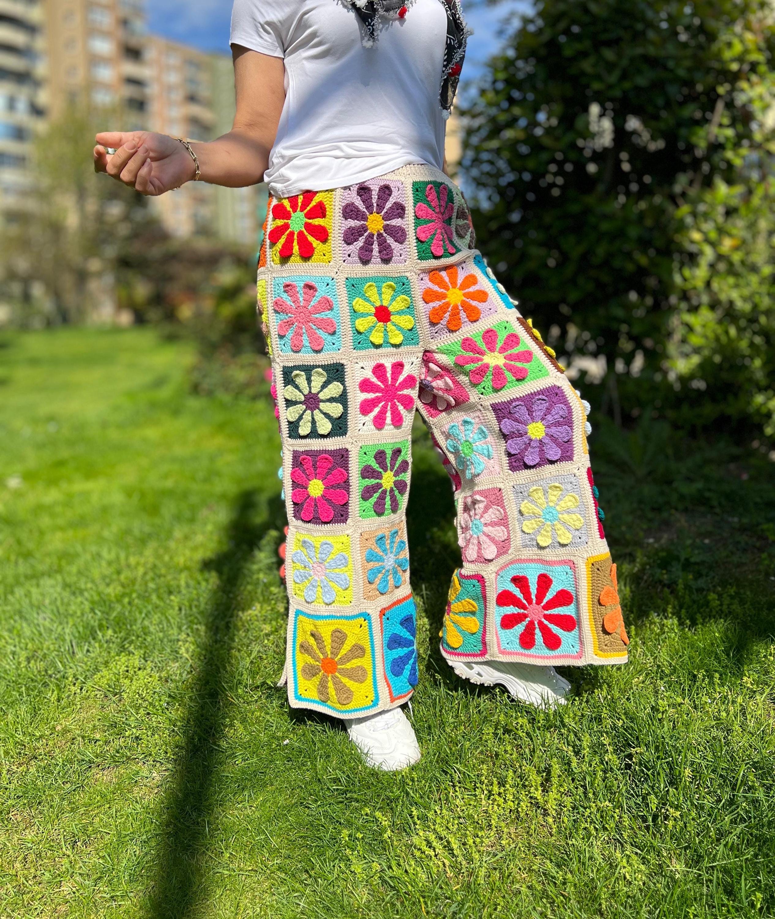 Knit Floral Pants, Wide Leg Trousers, Hippie Pants, Colorful