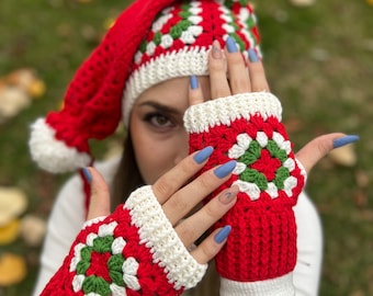 Crochet Santa Hat, Christmas Beanie, Crochet Winter Hat, Granny Square Hat, Red Christmas Hat, Crochet Beanie, Colorful Beanie, Hippie Hat