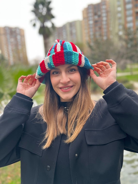 Colorful Crochet Beanie, Handmade Striped Winter Hippie Hat  display picture 3