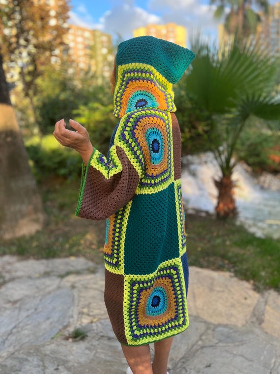 Abrigo largo de pavo real tejido a crochet, chaqueta de algodón de