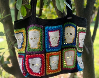 Halloween Skull Bag, Square Purse, Crochet Hippie Bag, Colorful Skull Tote, Lined Purse, Crochet Boho Purse, Hobo Bag, Hand Knit Bag