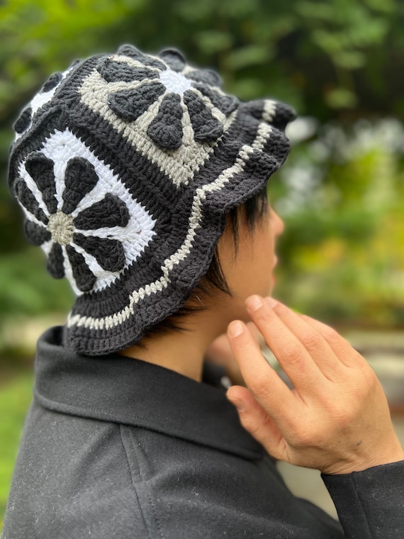 True Vintage Cottagecore Poetcore Girly Handmade Black & White Knit Bucket Hat Amazon.com: Handmade Mushroom Bucket Hat - Pilling Resistant  main image 2