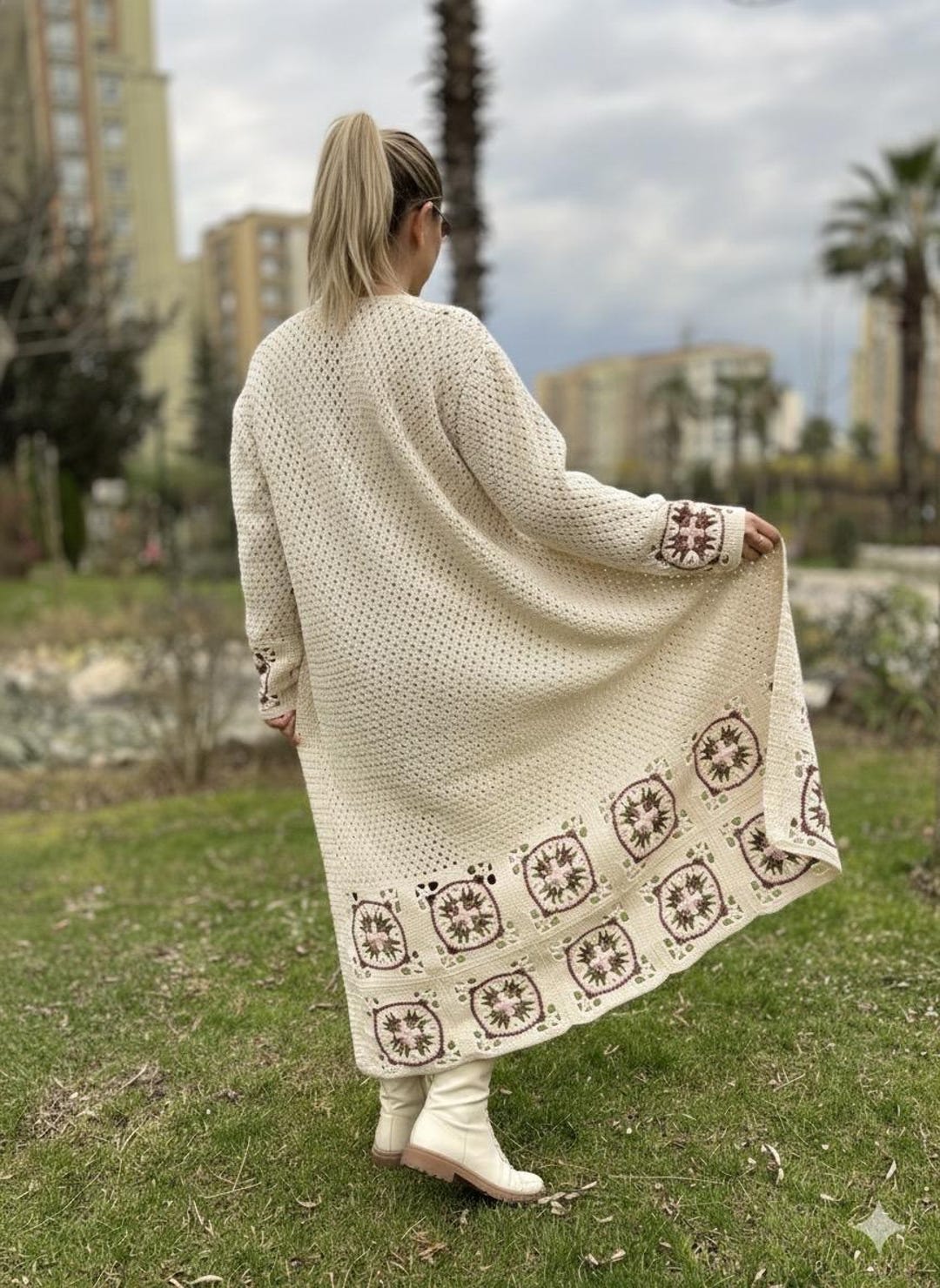Crochet Jacket, Granny Square Cardigan, Laced Coat, Long Cream