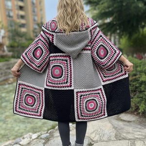 Crochet Hooded Granny Square Cardigan with Colorful Cotton Yarn, Boho Oversized Retro Jacket for Women, Fall Fashion Gift image 1
