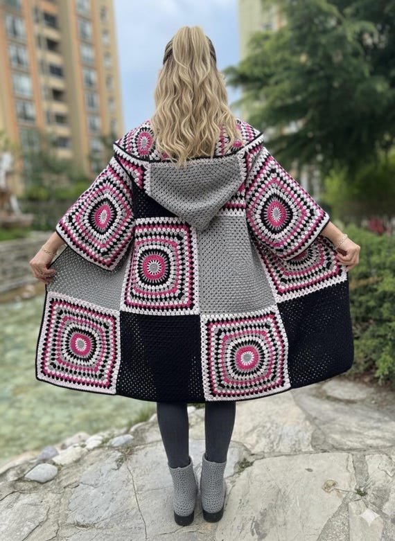 Crochet Hooded Granny Square Cardigan with Colorful Cotton Yarn, Boho Oversized Retro Jacket for Women, Fall Fashion Gift