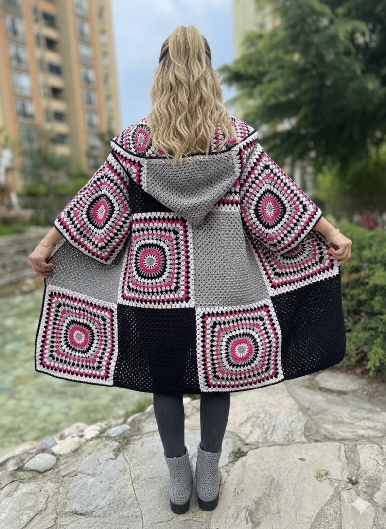 Crochet Hooded Granny Square Cardigan with Colorful Cotton Yarn, Boho Oversized Retro Jacket for Women, Fall Fashion Gift image 1