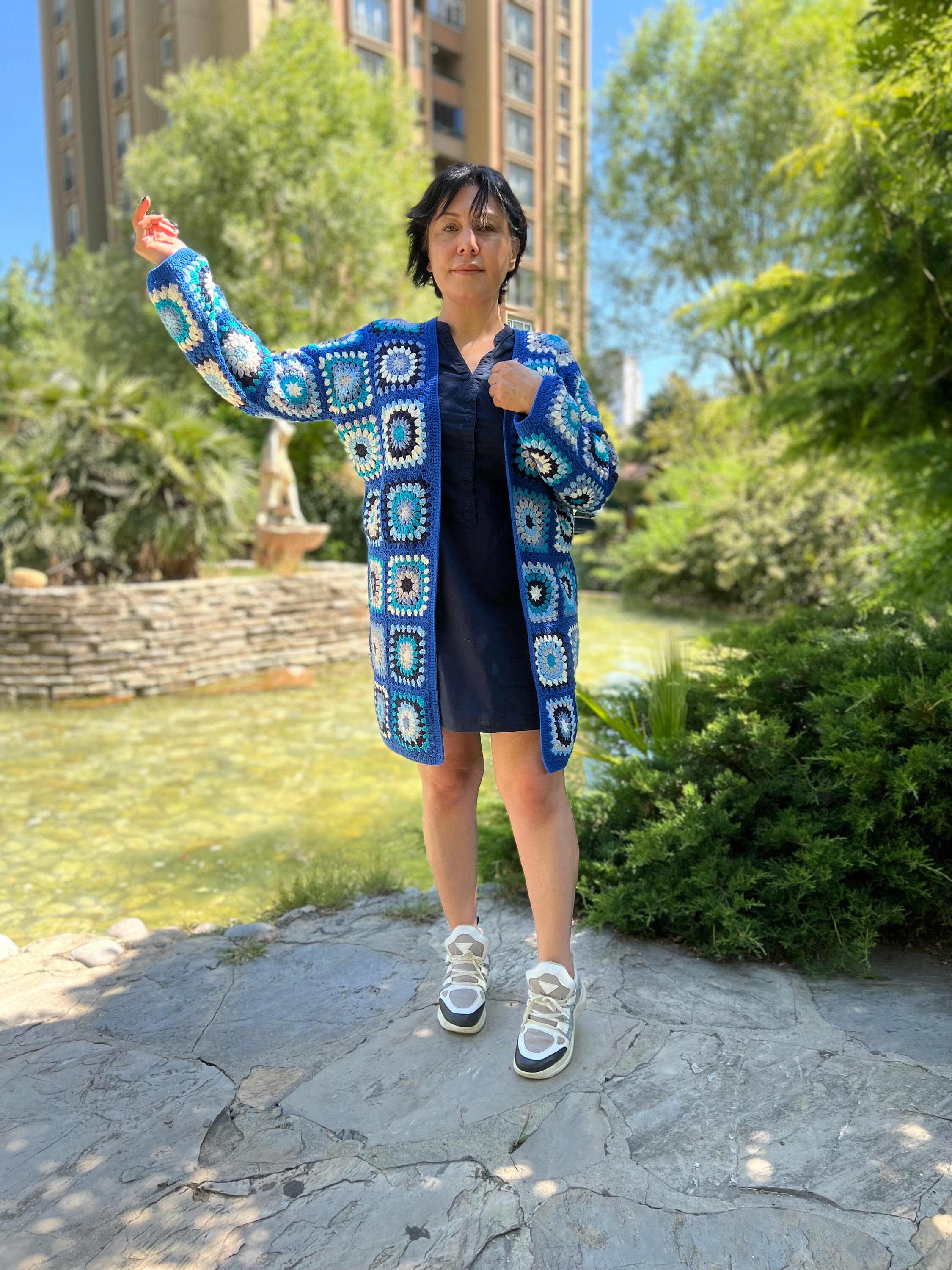 Granny Square Cardigan, Crochet Blue Sweater, Summer Jacket