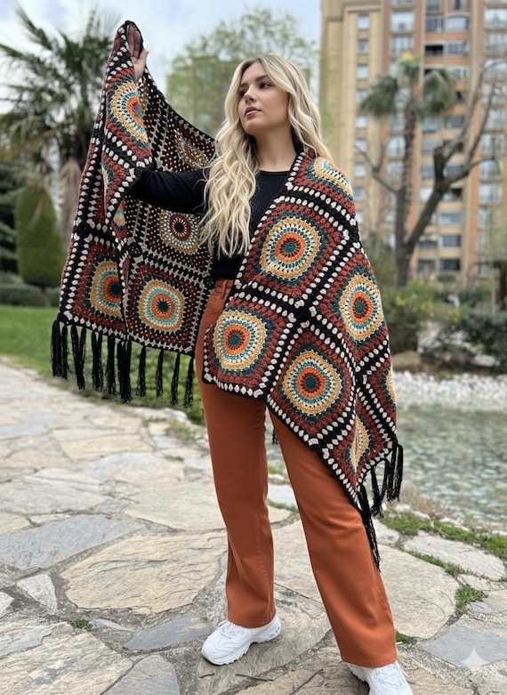 Handmade Fall Crochet Boho Granny Square Shawl With Fringe  Handmade Knitted Wrap, Cozy Hippie Shawl main image 0