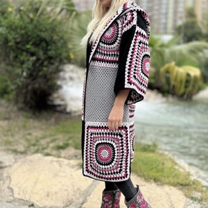 Crochet Hooded Granny Square Cardigan with Colorful Cotton Yarn, Boho Oversized Retro Jacket for Women, Fall Fashion Gift image 9