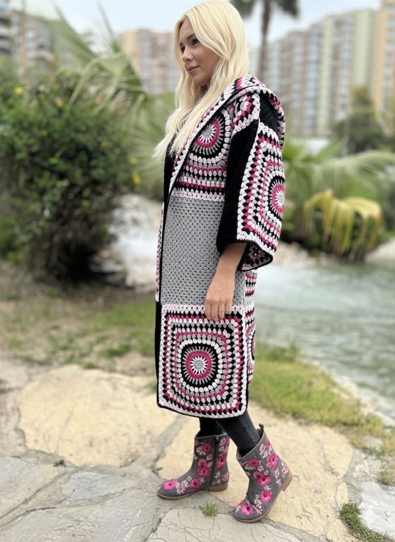 Crochet Hooded Granny Square Cardigan with Colorful Cotton Yarn, Boho Oversized Retro Jacket for Women, Fall Fashion Gift image 9