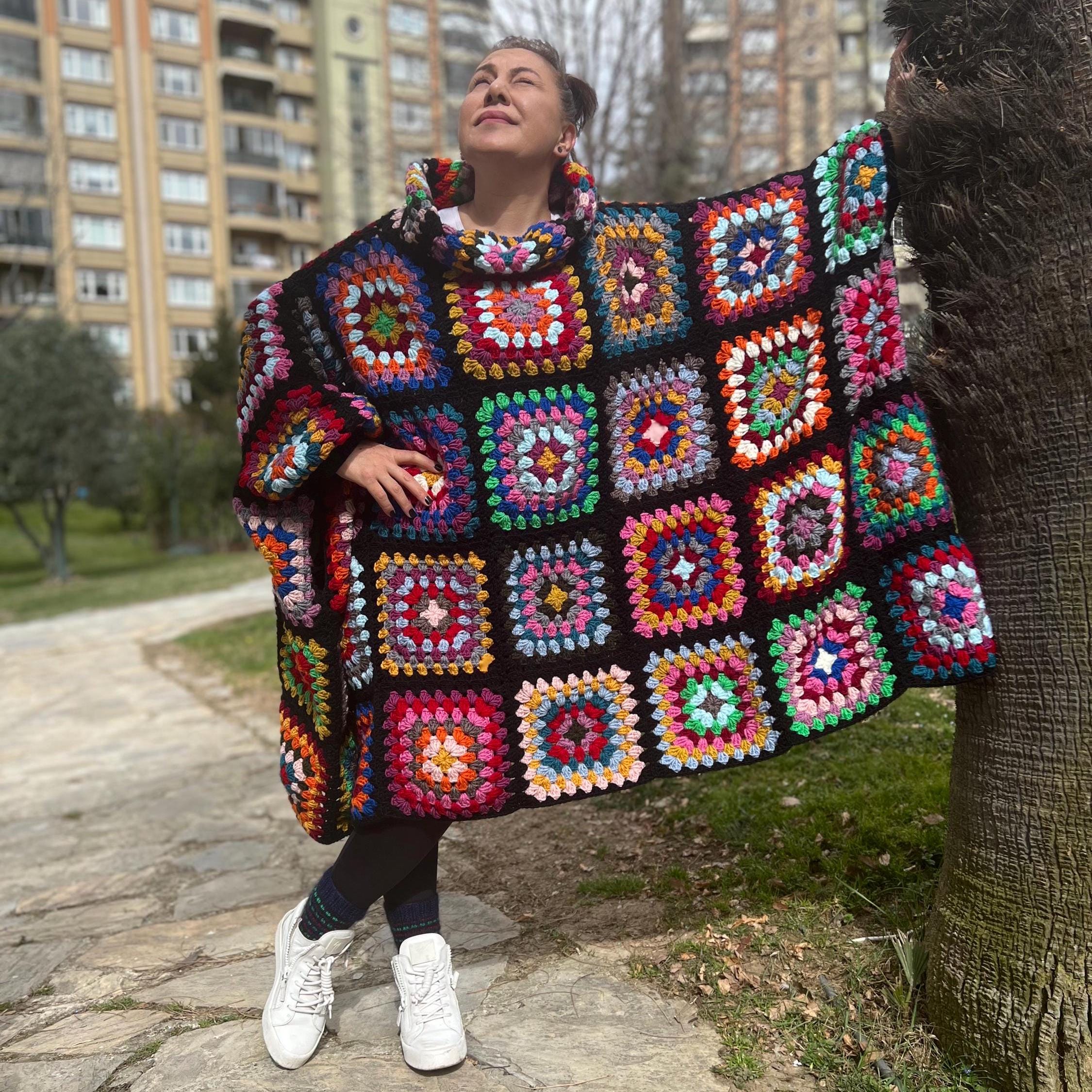 Crochet Granny Square Poncho, Colorful Boho Patchwork Cape