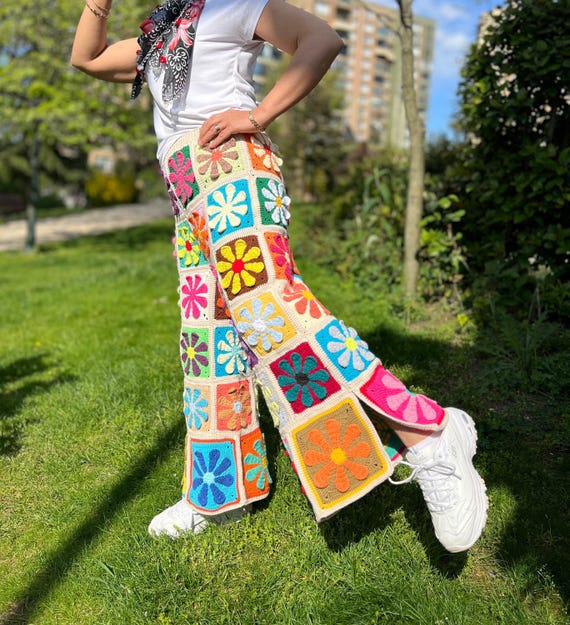 Knit Floral Pants, Wide Leg Trousers, Hippie Pants, Colorful