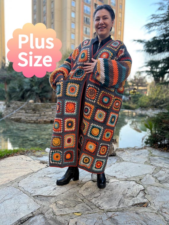 Plus Size Cardigan, Crochet Jacket, Granny Square Coat, Knit Long