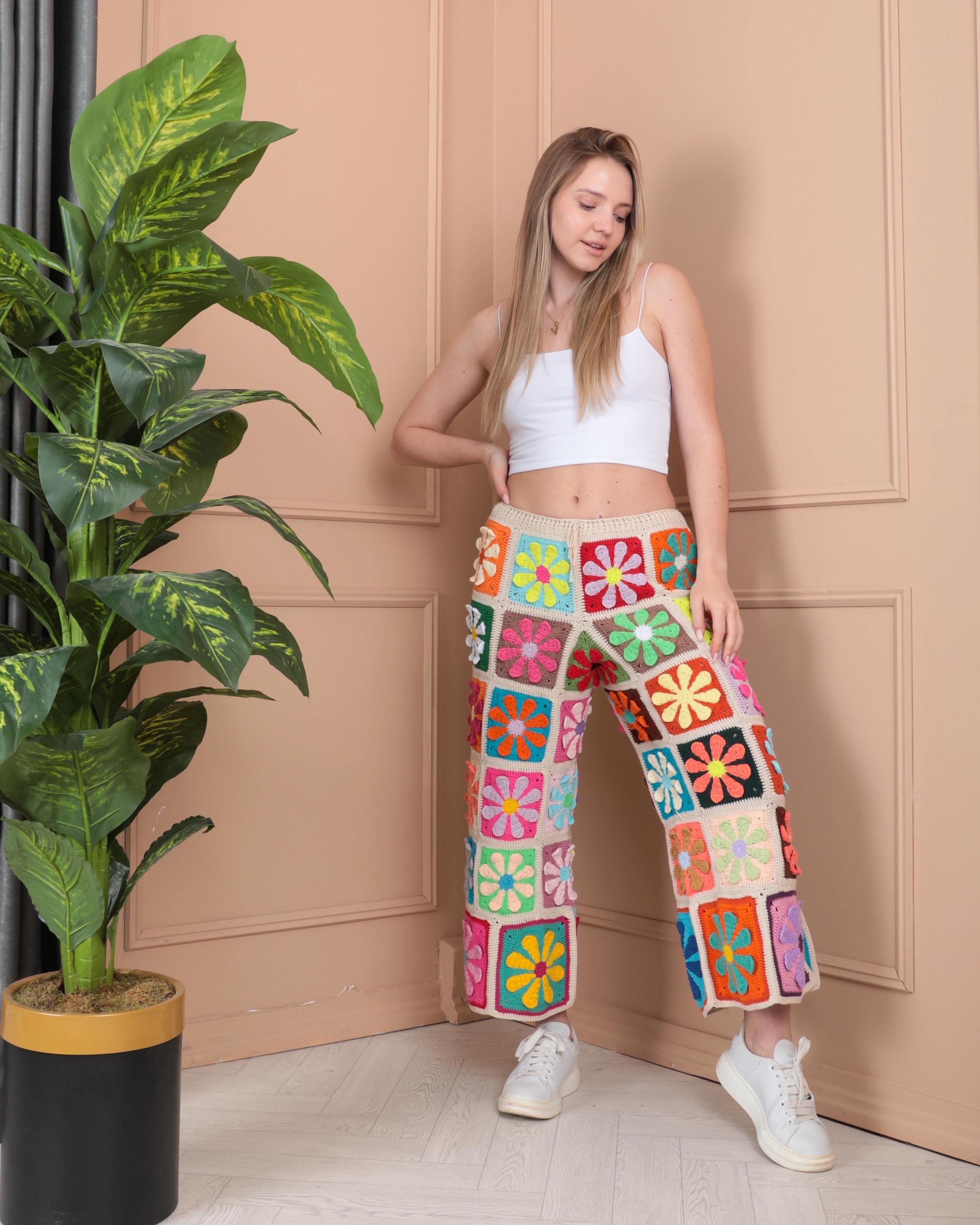 Knit Floral Pants, Wide Leg Trousers, Hippie Pants, Colorful