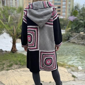 Crochet Hooded Granny Square Cardigan with Colorful Cotton Yarn, Boho Oversized Retro Jacket for Women, Fall Fashion Gift image 11
