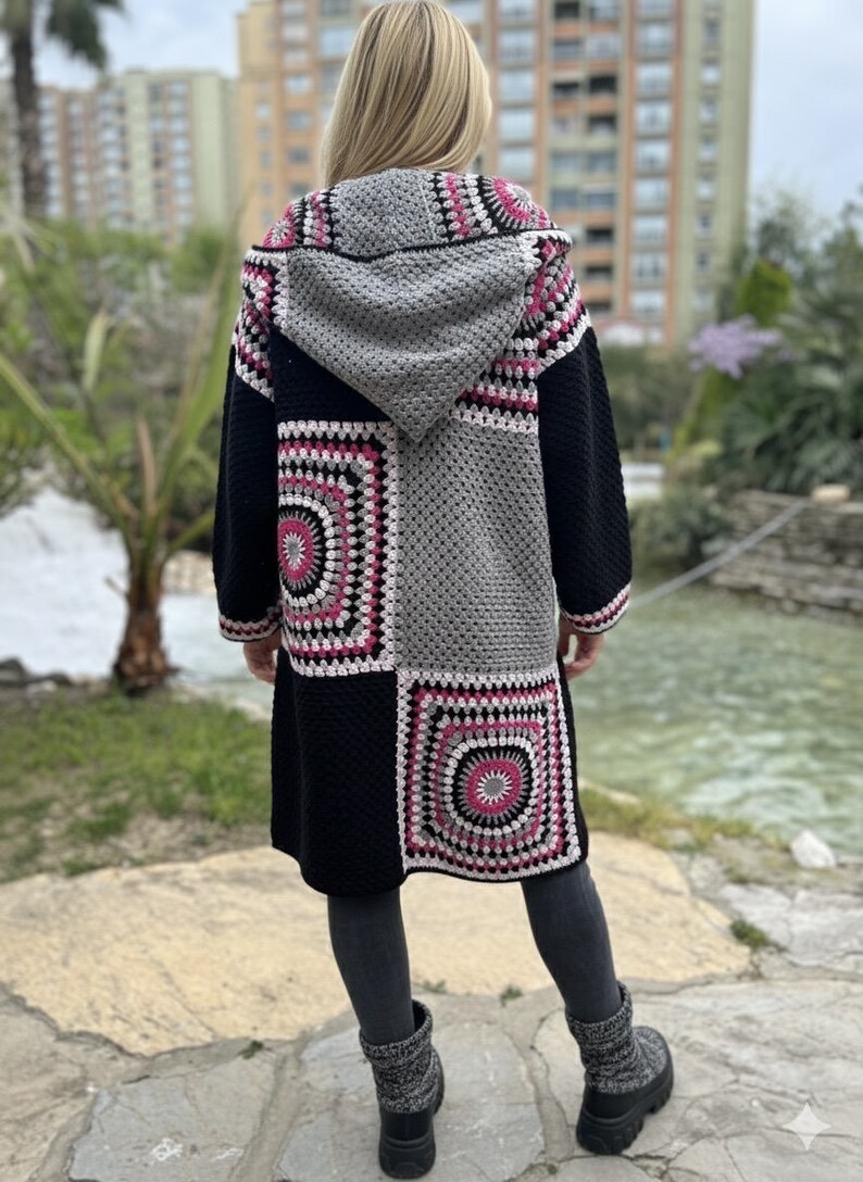 Crochet Hooded Granny Square Cardigan with Colorful Cotton Yarn, Boho Oversized Retro Jacket for Women, Fall Fashion Gift image 11