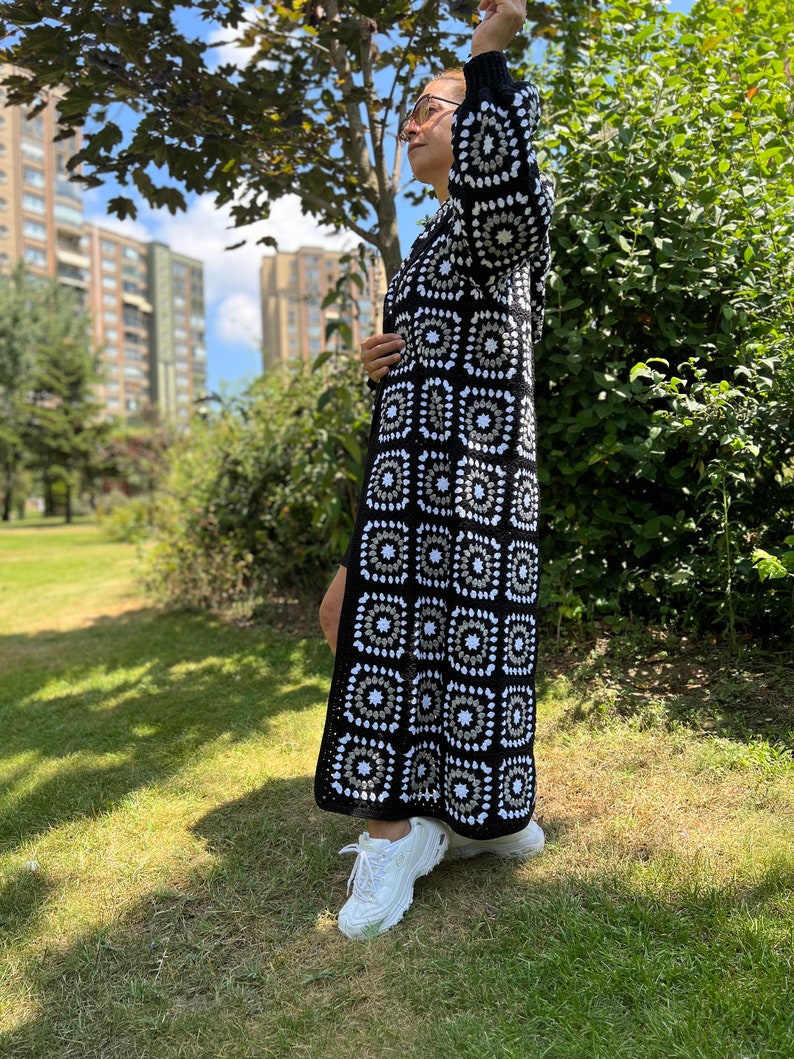 Granny Square Coat, Black White Cardigan, Crochet Jacket, Bohemian Cardigan, Knit Long Sweater, Loose Cardigan, Afghan Coat, Hooded Coat image 6