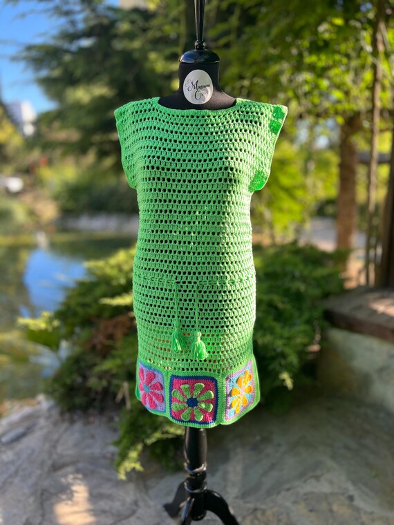 Green Crochet Beach Dress, Granny Square Flower Summer Boho Dress
