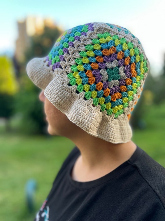 Crochet Bucket Hat, Granny Square Hat, Colorful Beanie