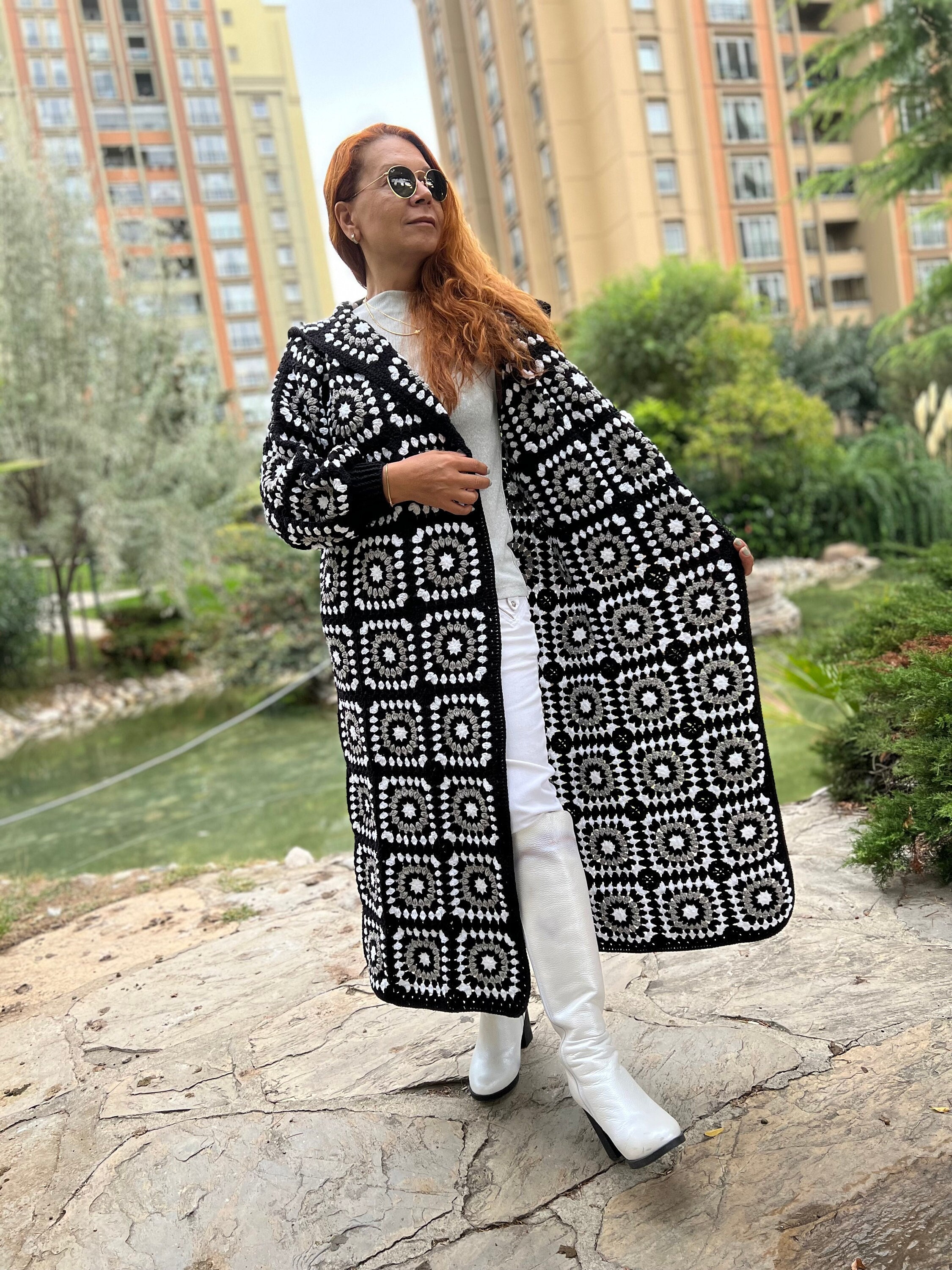 Black White Cardigan, Crochet Jacket, Granny Square Coat, Hippie Cardigan, Hooded Coat, Patchwork Cardigan, Knit Long Sweater, Afghan Coat - Etsy Black White Cardigan, Crochet Jacket, Granny Square Coat, Hippie Cardigan, Hooded Coat, Patchwork Cardigan, Knit Long Sweater, Afghan Coat - Etsy