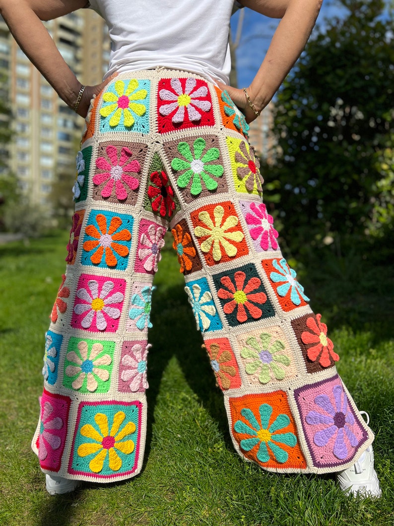 Knit Floral Pants, Wide Leg Trousers, Hippie Pants, Colorful Trousers, Crochet Pants, Beach Long Pants, Women Floral Jeans, Flare Pants image 3