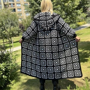 Granny Square Coat, Black White Cardigan, Crochet Jacket, Bohemian Cardigan, Knit Long Sweater, Loose Cardigan, Afghan Coat, Hooded Coat