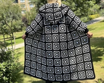 Granny Square Coat, Black White Cardigan, Crochet Jacket, Bohemian Cardigan, Knit Long Sweater, Loose Cardigan, Afghan Coat, Hooded Coat