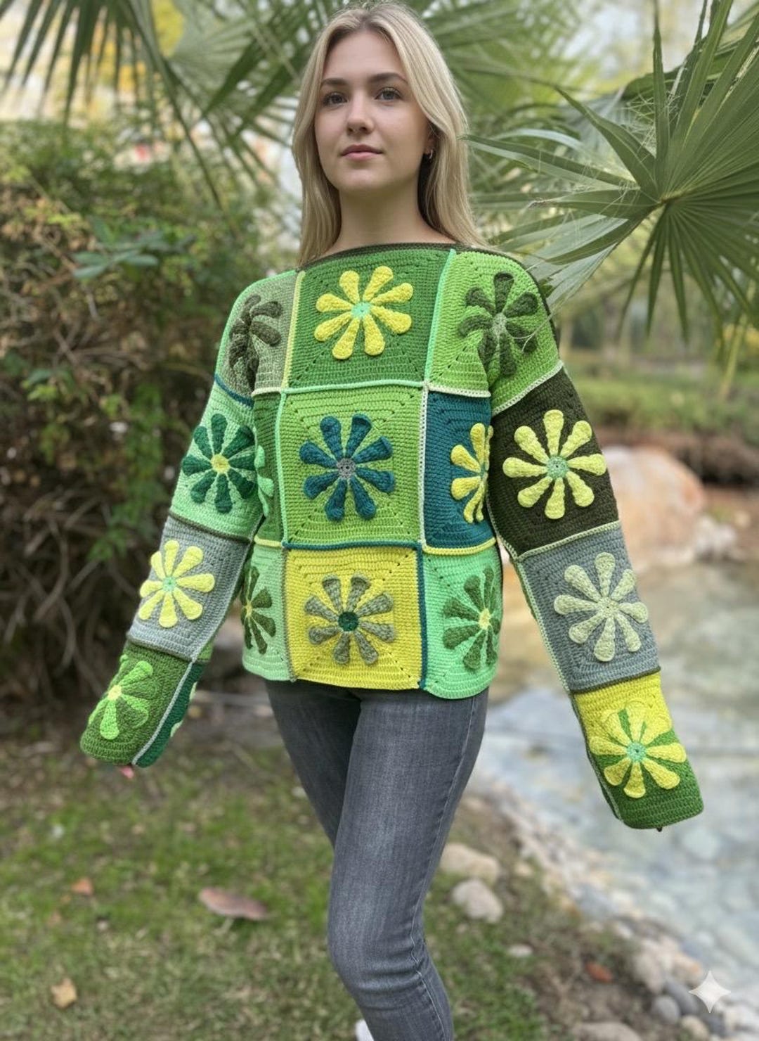 Crochet Green Floral Sweater, Handmade Daisy Coat, Green Yellow